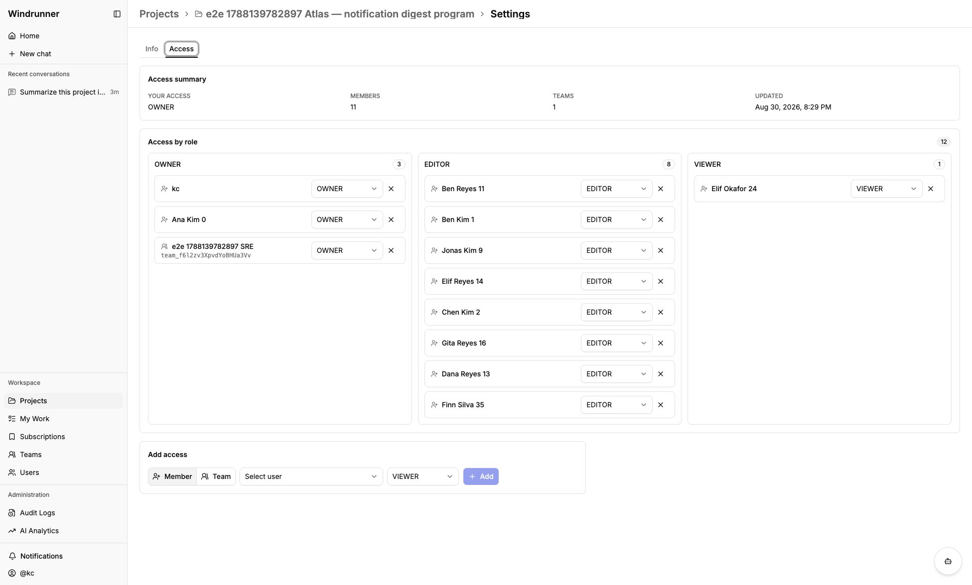 Project settings Access tab showing project roles and member access