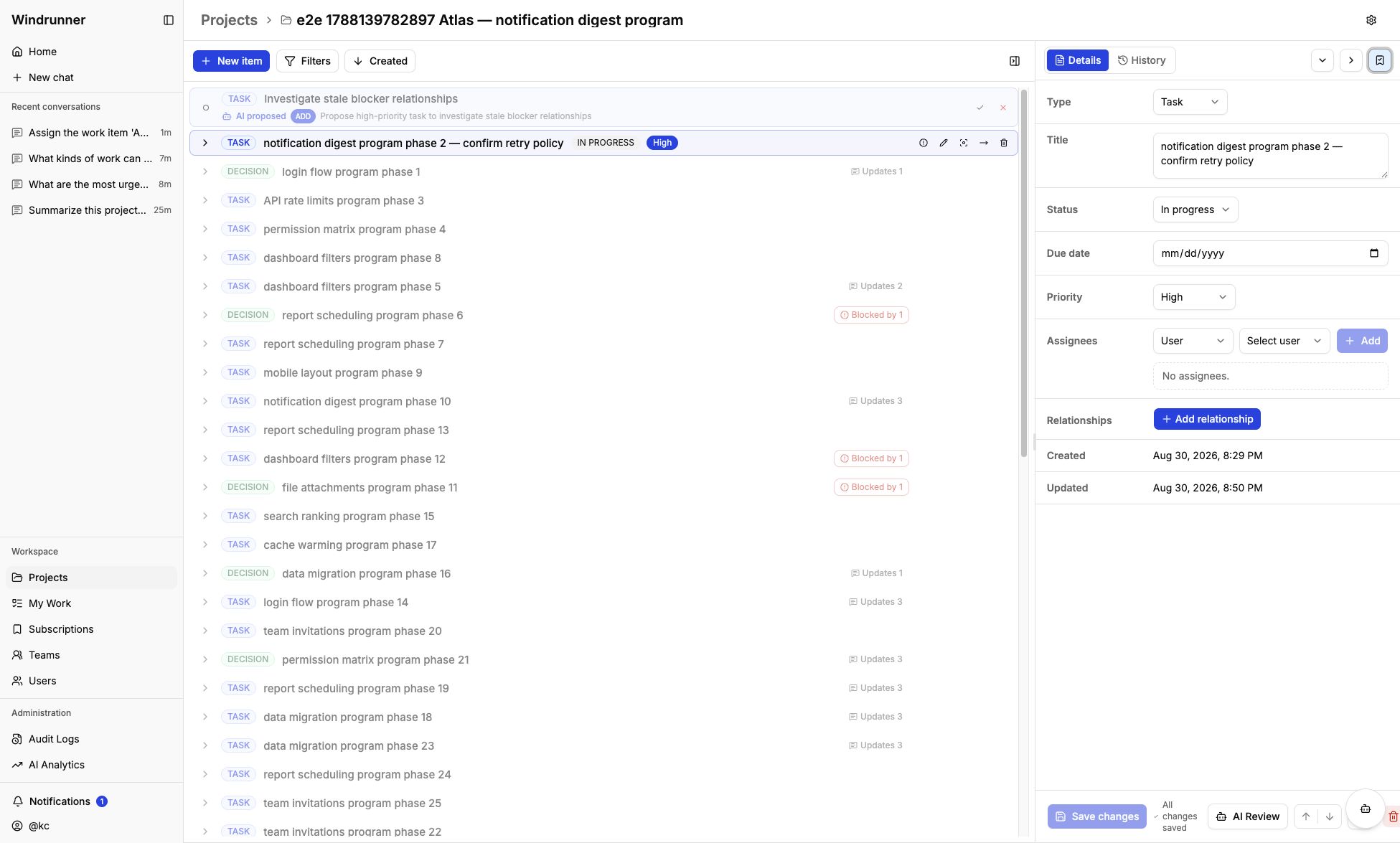 Project workspace inspector showing a subscribed work item
