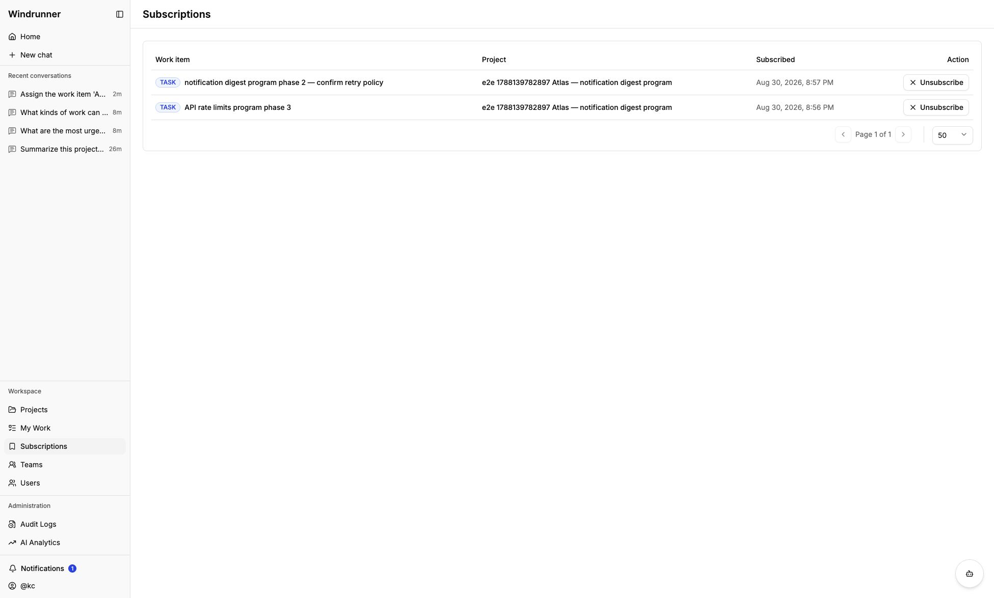 Subscriptions page listing two followed work items and their projects