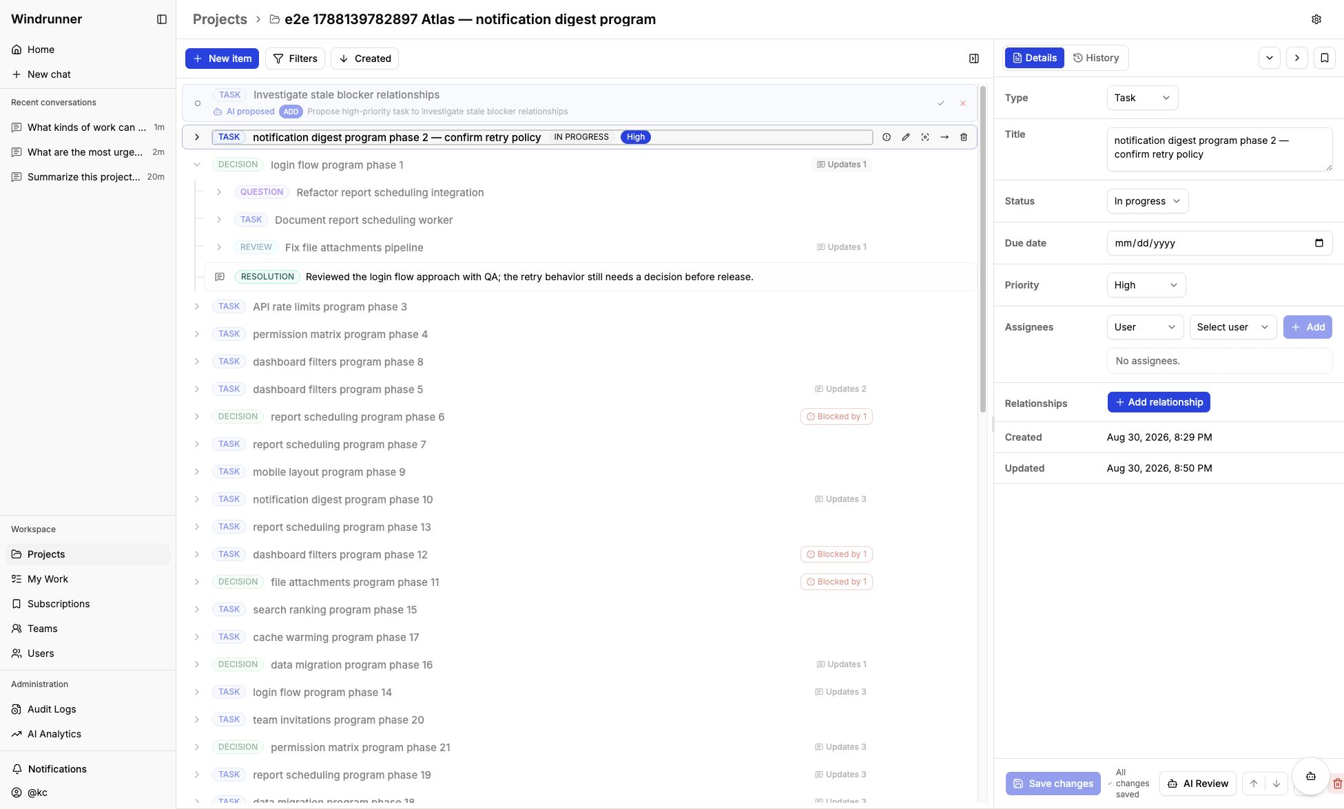 Work item inspector showing task fields and the save changes control